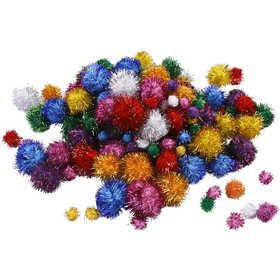 Pompons scintillants, d 15-40 mm, paillettes, ca. 75 pièce, Couleurs vives, 62 gr/ 1 Pq. [HOB-518920]
