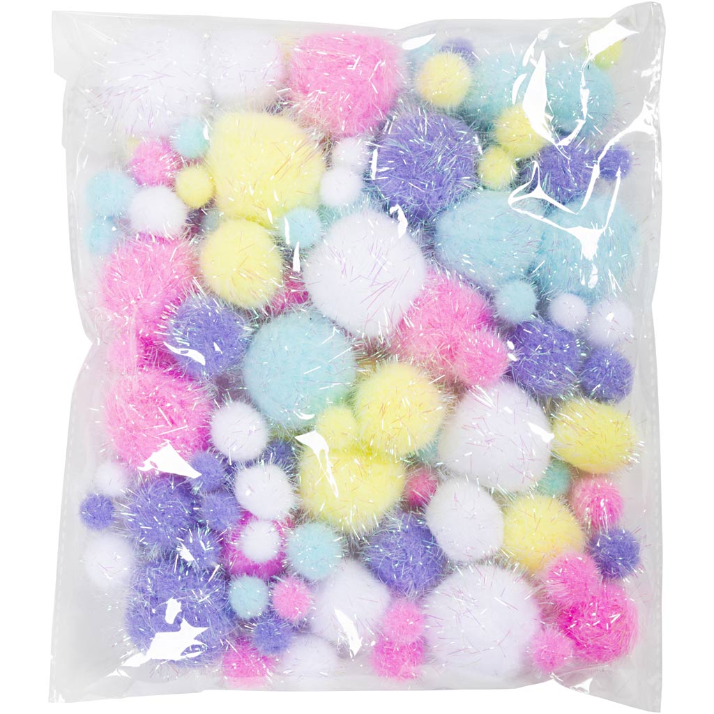 Pompons, d 15-40 mm, paillettes, ca. 75 pièce, couleurs pastel, 62 gr/ 1 Pq. [HOB-518950]