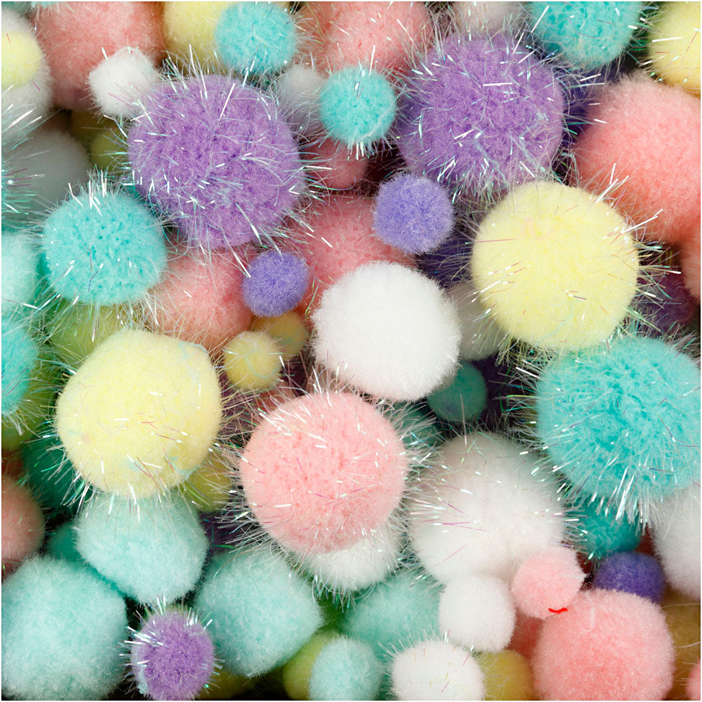 Pompons, d 15-40 mm, paillettes, ca. 400 pièce, couleurs pastel, 400 gr/ 1 Pq. [HOB-51895]