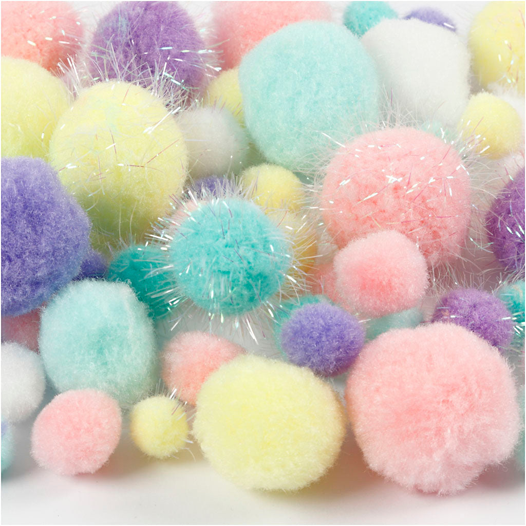 Pompons, d 15-40 mm, paillettes, ca. 400 pièce, couleurs pastel, 400 gr/ 1 Pq. [HOB-51895]