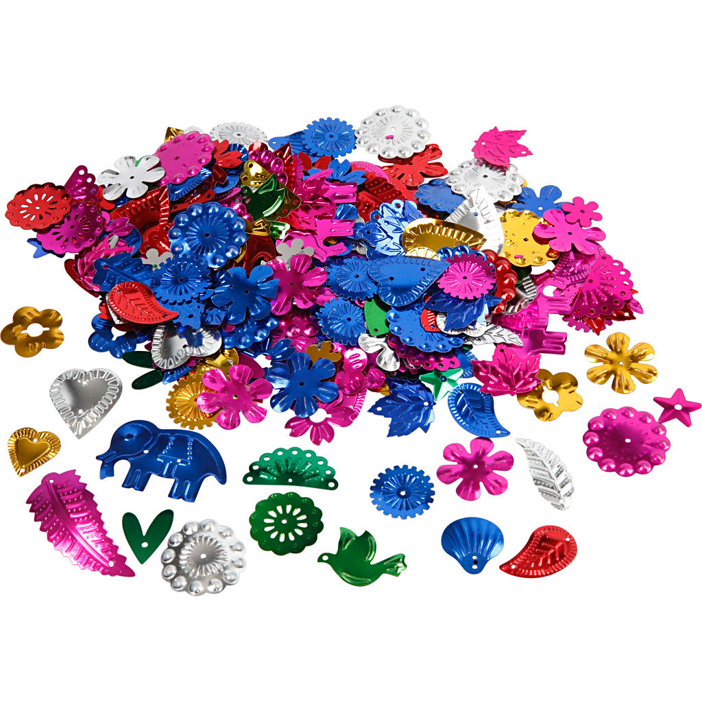 Sequins, size 15-45 mm, bold colours, 400 g