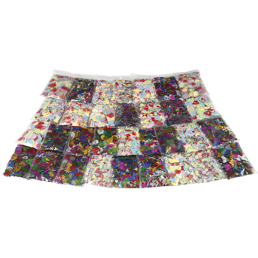 Mix paillettes, dim. 7-30 mm, ass. de couleurs, 32x25 gr/ 1 Pq. [HOB-52253]