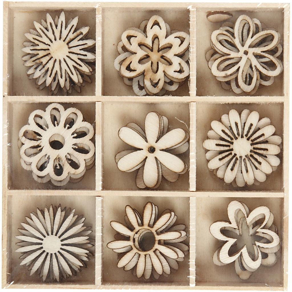 Décorations en bois, fleurs, dim. 28 mm, 45 pièces/ 1 Pq. [HOB-52376]