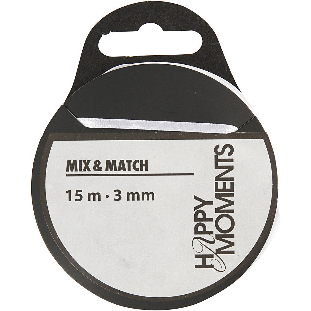 Ruban de satin, L : 3 mm, blanc, 15 m/ 1 rouleau [HOB-524501]