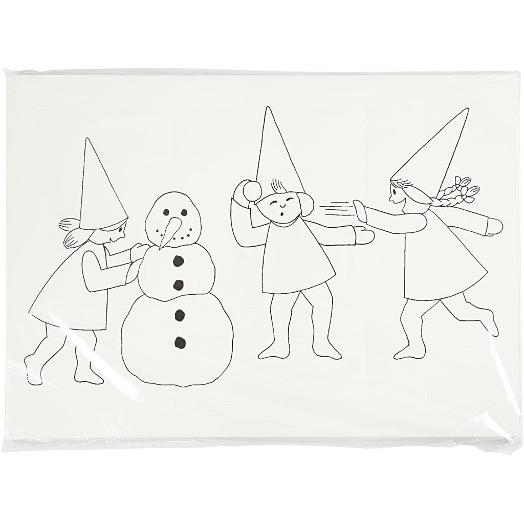 Calendrier de l'Avent décoré de lutins faisant une bataille de boules de neige, A3, dim. 30x42 cm, blanc, 30 pièces/ 1 Pq. [HOB-537001]