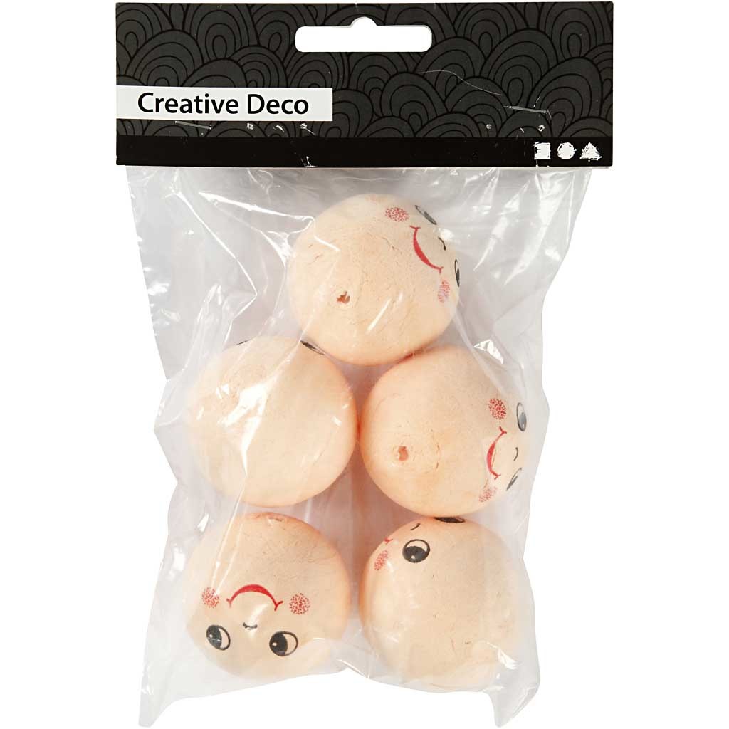 Boules de coton avec visages, d 40 mm, beige clair, 5 pièces/ 1 Pq. [HOB-542401]