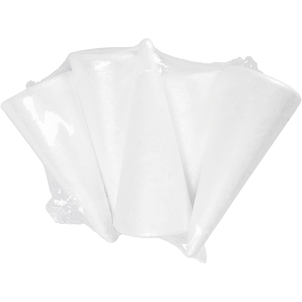 Cônes en polystyrène, H : 14,5 cm, d 6 cm, blanc, 5 pièces/ 1 Pq. [HOB-543600]
