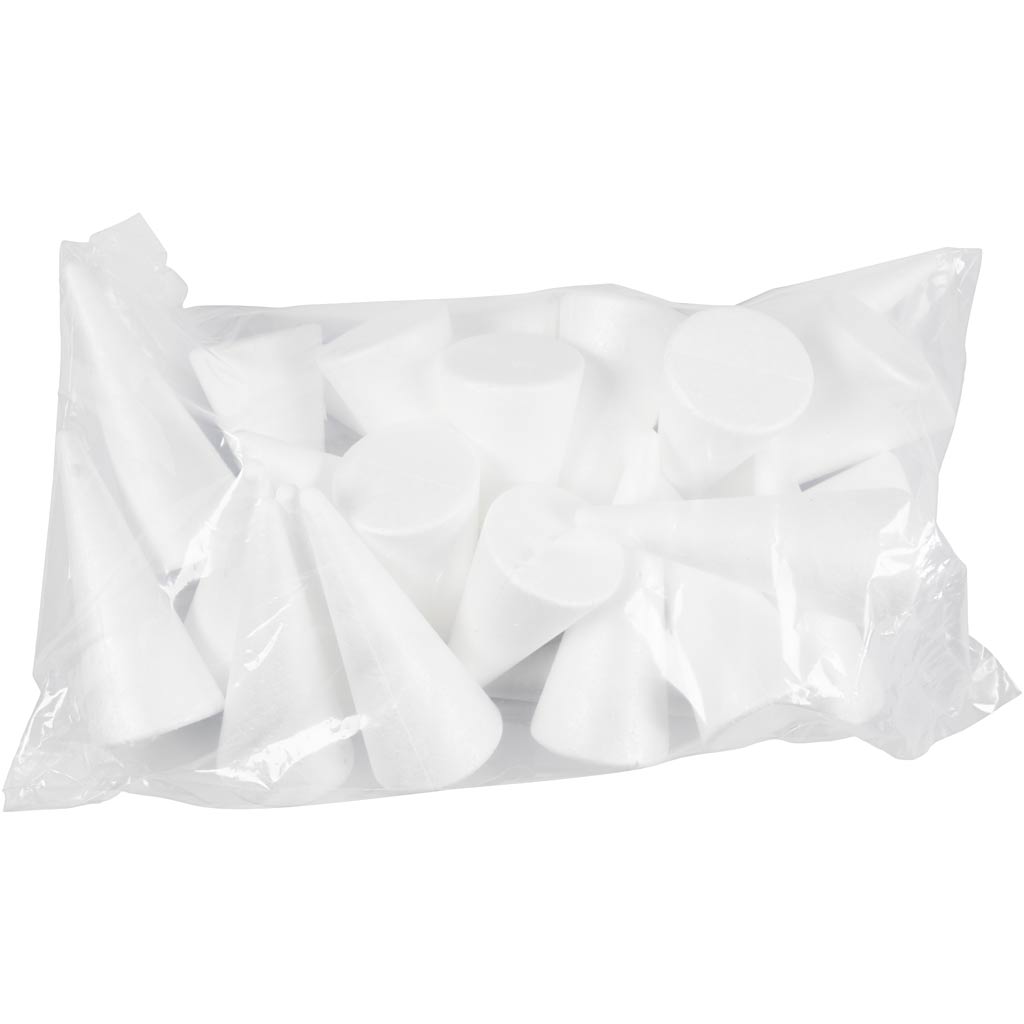 Cônes en polystyrène, H : 14,5 cm, d 6 cm, blanc, 25 pièces/ 1 Pq. [HOB-54360]