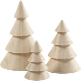 Sapins de Noël en bois, H : 5+7,5+10 cm, d 3,5+5,4+6,7 cm, 3 pièces/ 1 Pq. [HOB-56238]