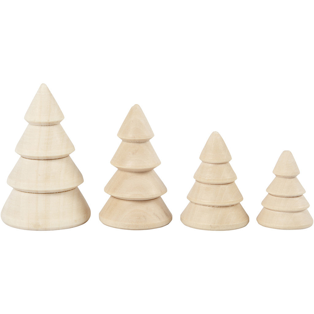 Sapins de Noël en bois, H : 3,3+4,3+5,3+6,3 cm, d 2,3+3+3,2+4 cm, 4 pièces/ 1 Pq. [HOB-56239]
