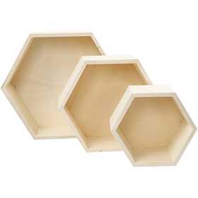 Boîtes de rangement, hexagonales, H : 14,8+19+24,2 cm, P: 10 cm, 3 pièces/ 1 set [HOB-56430]