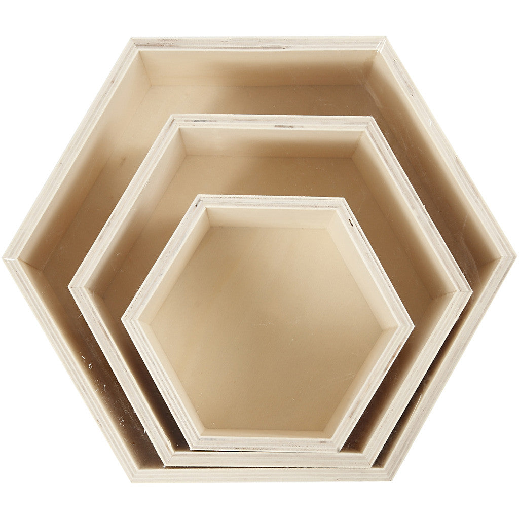 Boîtes de rangement, hexagonales, H : 14,8+19+24,2 cm, P: 10 cm, 3 pièces/ 1 set [HOB-56430]