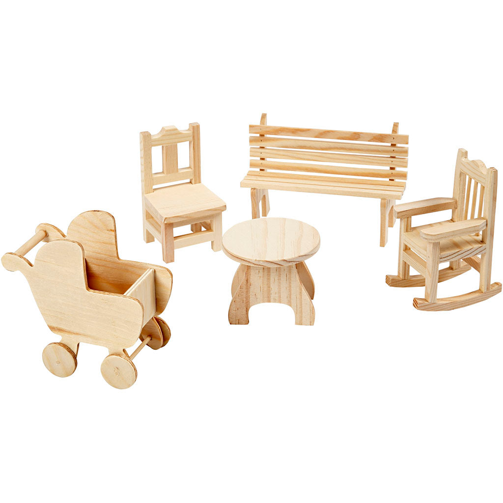 Mini Furniture, garden table, pram, chair, rocking chair, bench, H: 5,8-10,5 cm, 50 pc
