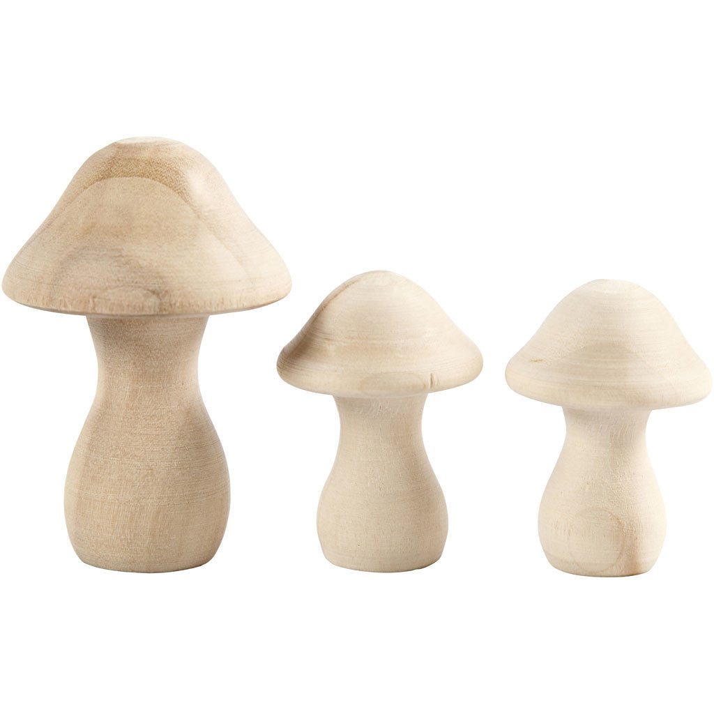 Champignons en bois, d 3,3+4,5 cm, dim. 4,5+6,5 cm, 3 pièces/ 1 Pq. [HOB-56519]