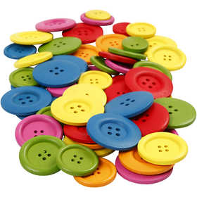 Boutons en bois, d 25-40 mm, 2-4 trous, ass. de couleurs, 144 pièces/ 1 Pq. [HOB-56689]