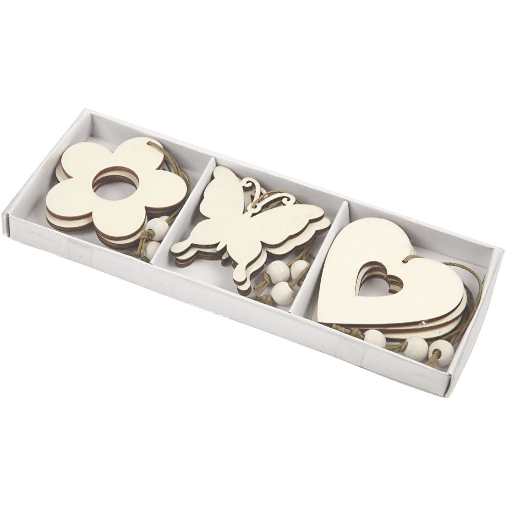 Décorations en bois, fleur, papillon, coeur, dim. 6 cm, 9 pièce/ 1 Pq. [HOB-56731]