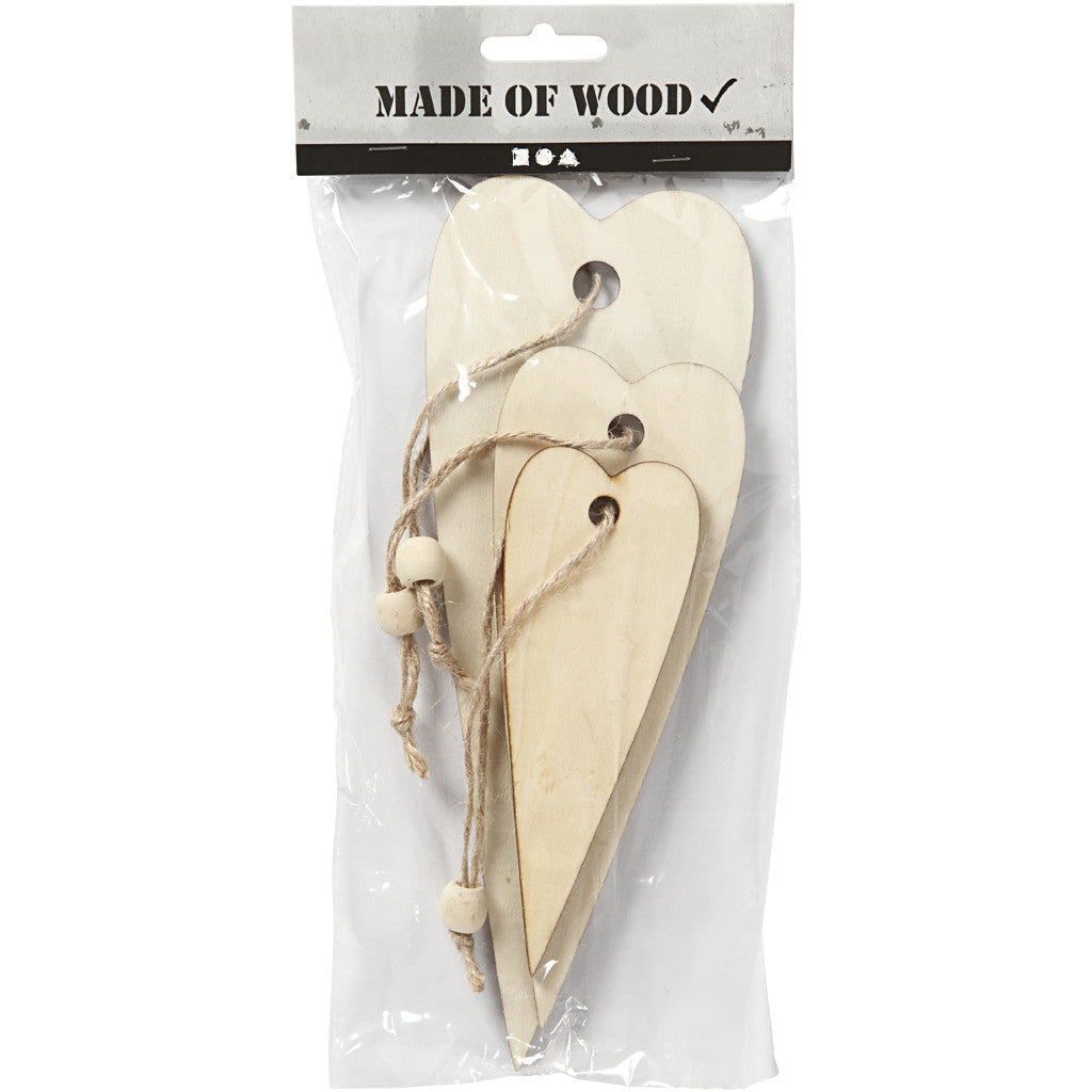 Décorations en bois, coeur allongé, H : 12+16+20 cm, ép. 5 mm, 3 pièces/ 1 Pq. [HOB-56735]