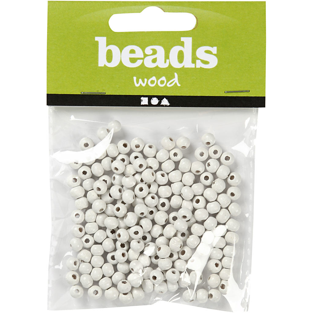 Perles en Bois, d 5 mm, diamètre intérieur 1,5 mm, ca. 150 pièce, blanc, 6 gr/ 1 Pq. [HOB-570392]