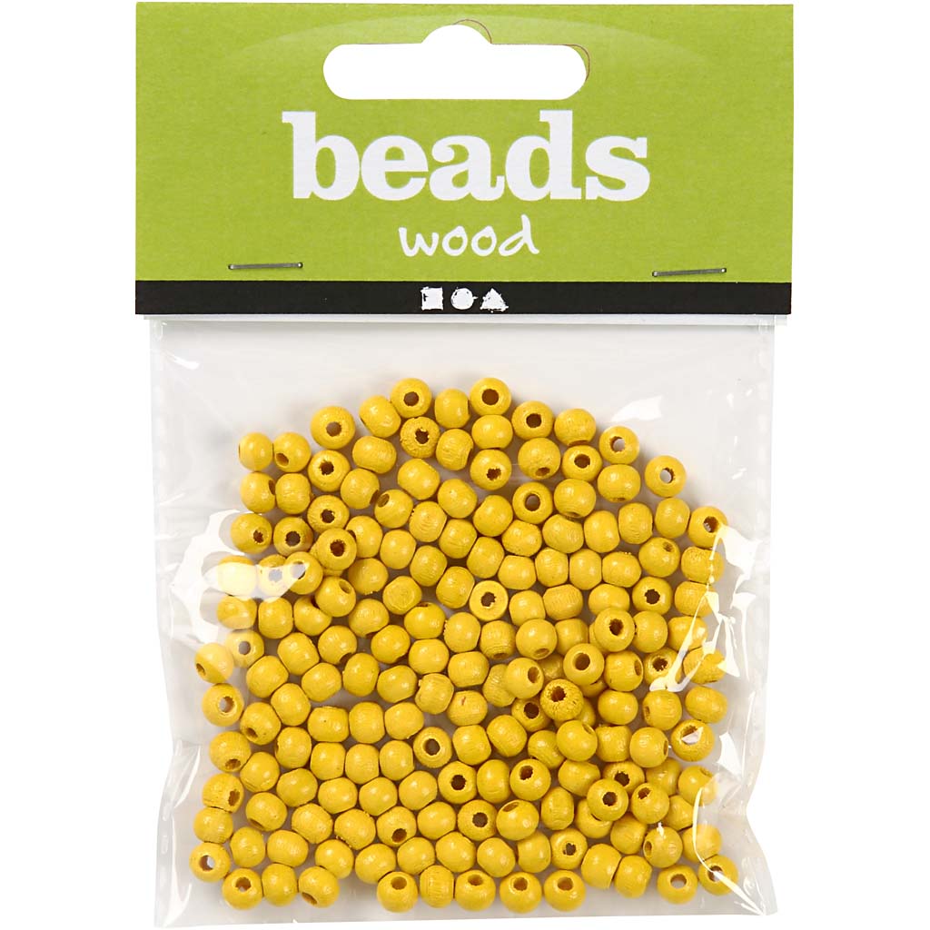 Perles en bois, d 5 mm, diamètre intérieur 1,5 mm, jaune, 6gr/ 1 Pq. [HOB-570393]