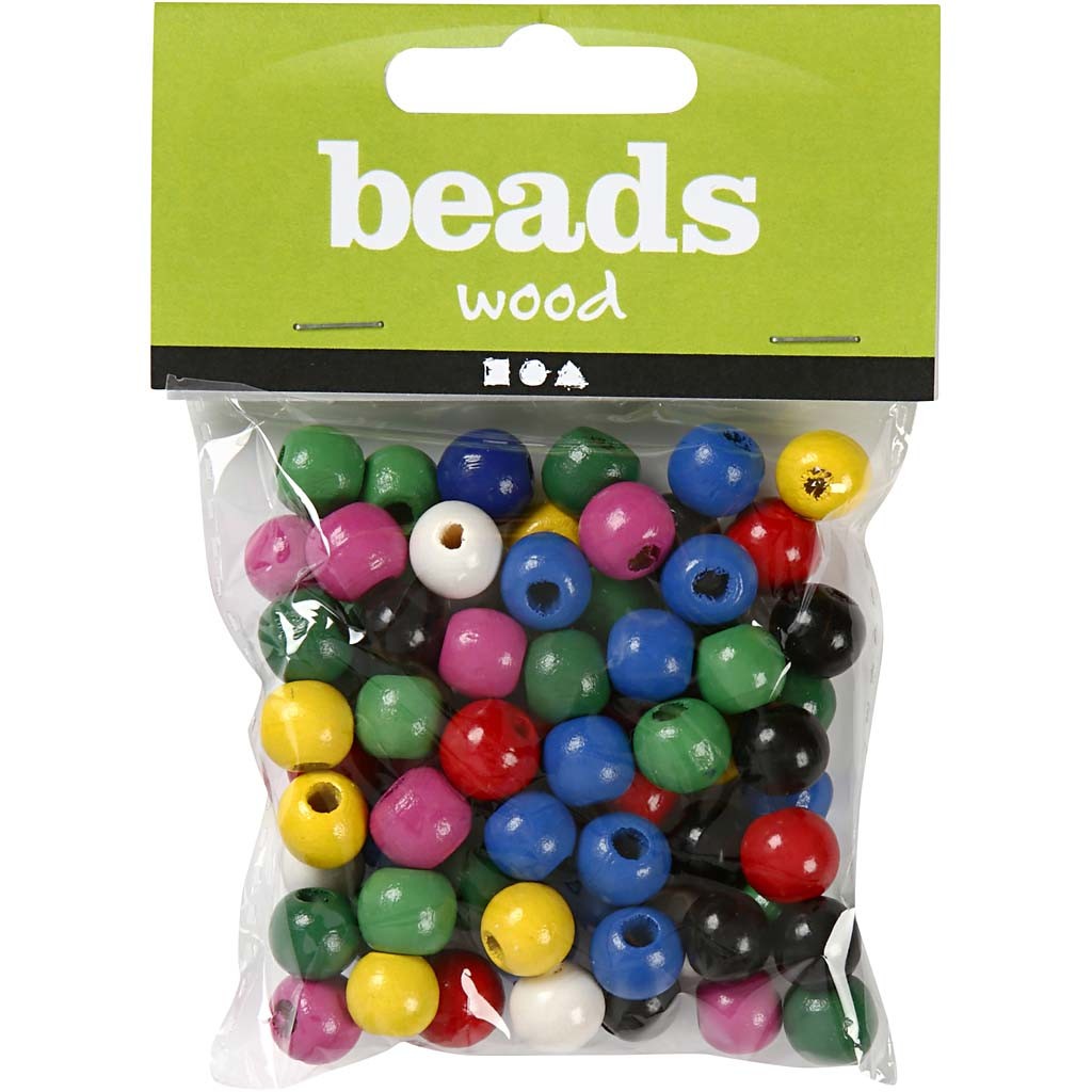 Mélange de perles en bois, d 12 mm, diamètre intérieur 3 mm, ca. 40 ass., ass. de couleurs, 22 gr/ 1 Pq. [HOB-570419]