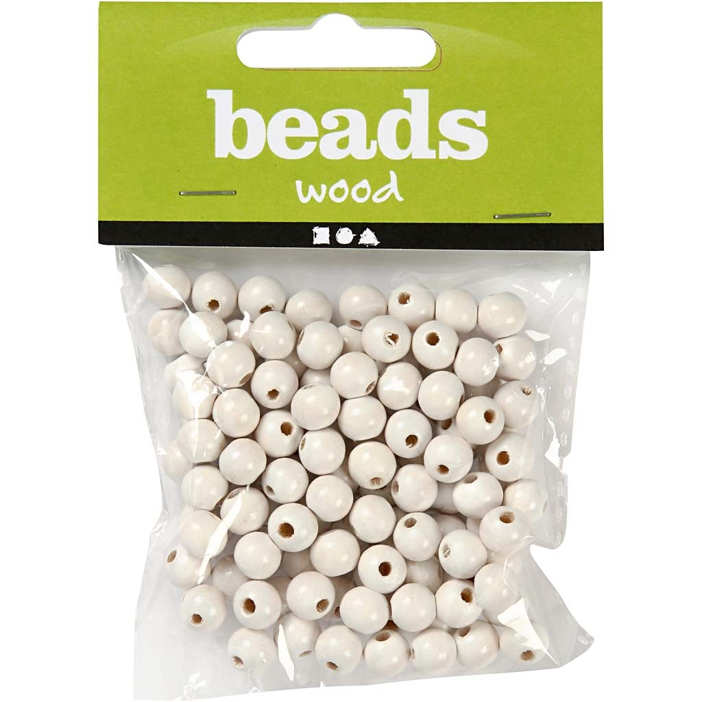 Perles en Bois, d 8 mm, diamètre intérieur 2 mm, ca. 80 pièce, blanc, 15 gr/ 1 Pq. [HOB-570492]