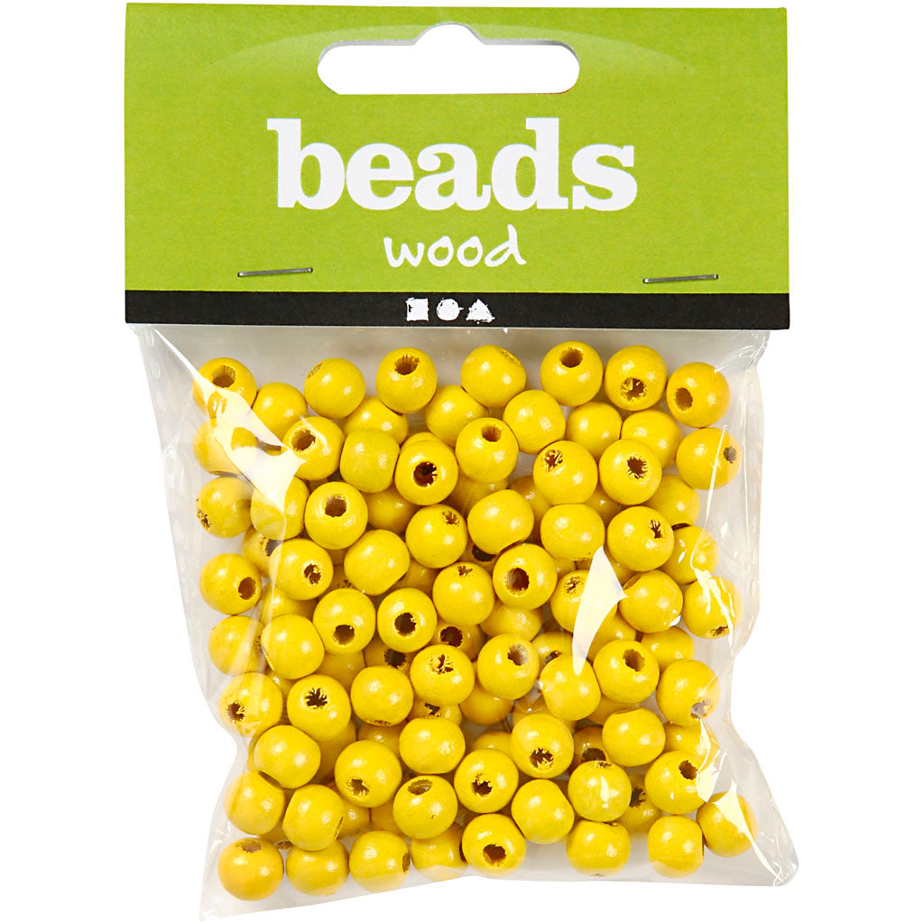 Perles en Bois, d 8 mm, diamètre intérieur 2 mm, ca. 80 pièce, jaune, 15 gr/ 1 Pq. [HOB-570493]