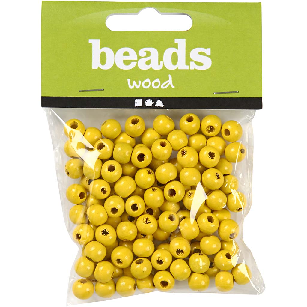 Perles en Bois, d 10 mm, diamètre intérieur 3 mm, ca. 70 pièce, jaune, 20 gr/ 1 Pq. [HOB-570593]