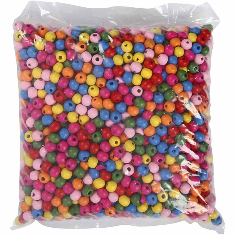 Perles en bois, d 10 mm, diamètre intérieur 2,5-3 mm, ca. 1500 pièce, ass. de couleurs, 500 gr/ 1 sac [HOB-57123]