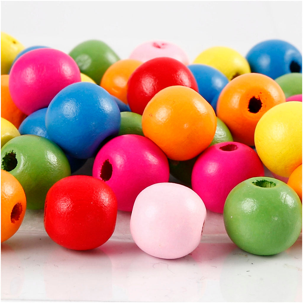 Wooden Beads, dia. 12 mm, hole size 2,5-3 mm, ca. 800 pc, assorted colours, 500 g/ 1 bag