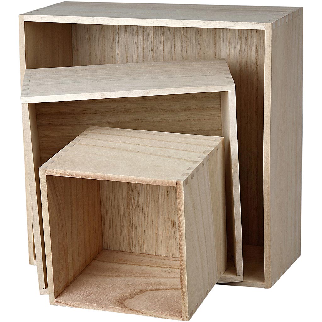 Boîtes de rangement en bois, carré, h: 15x15+21,5x21,5+28x28 cm, prof. 12,5 cm, paulownia, 3pièces [HOB57637]