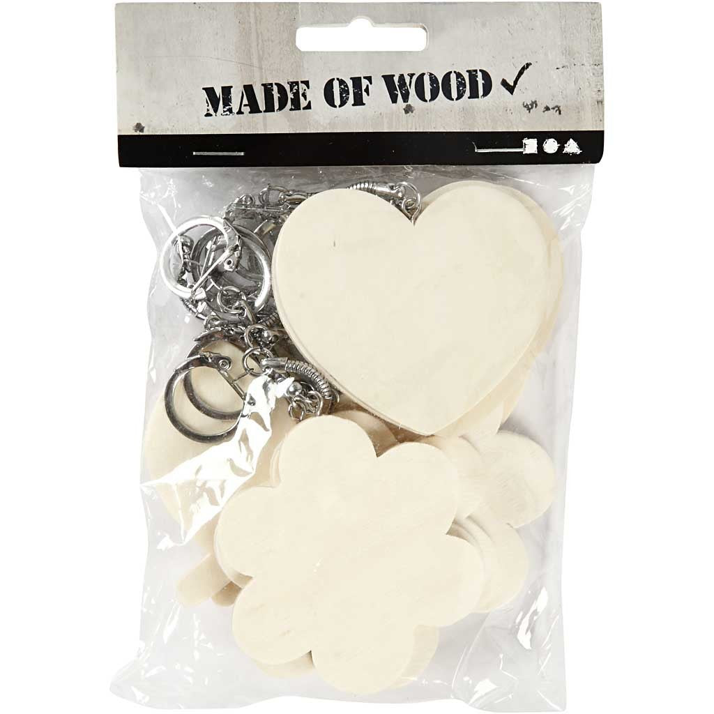 Porte-clés avec pendentif en bois, dim. 6-7 cm, ép. 3 mm, 12 pièces/ 1 Pq. [HOB-57684]