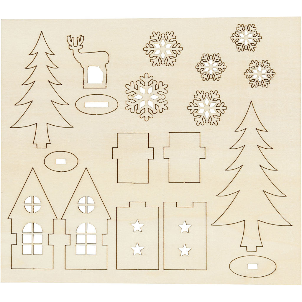 Figurines à assembler, maison, arbre, cerfs, L : 15,5 cm, L : 17 cm, ép. 3 mm, 1 Pq. [HOB-57888]