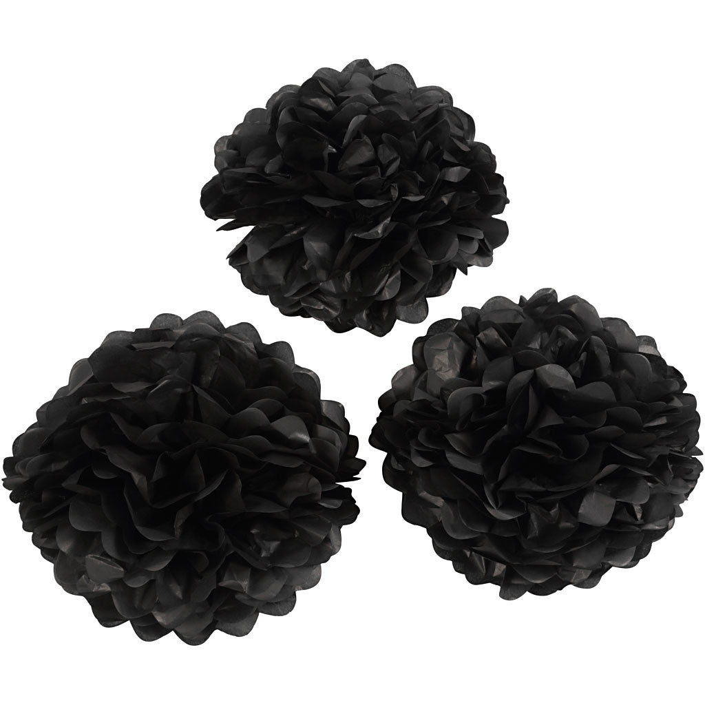 Pompons en papier, d 20+24+30 cm, 16 gr, noir, 3 pièces/ 1 Pq. [HOB-590002]