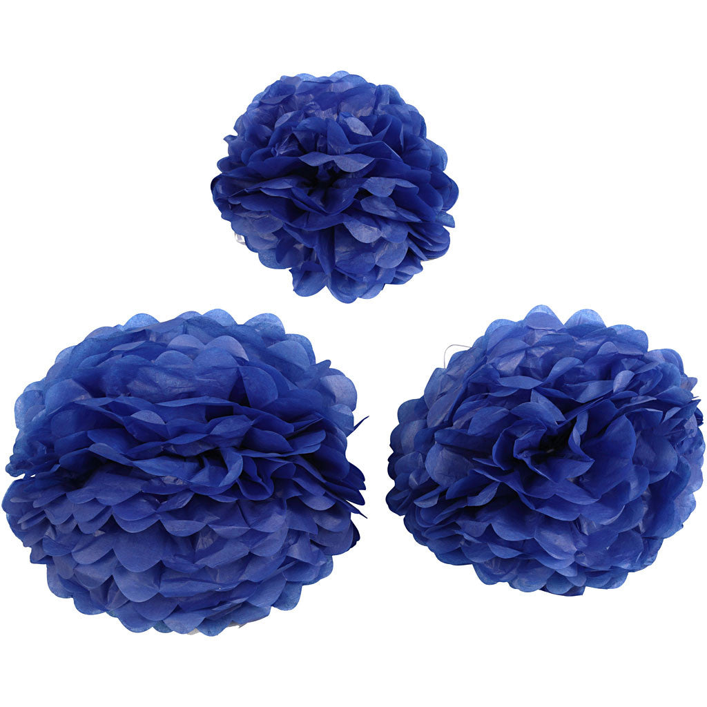 Pompons en papier, d 20+24+30 cm, 16 gr, bleu foncé, 3 pièces/ 1 Pq. [HOB-590004]