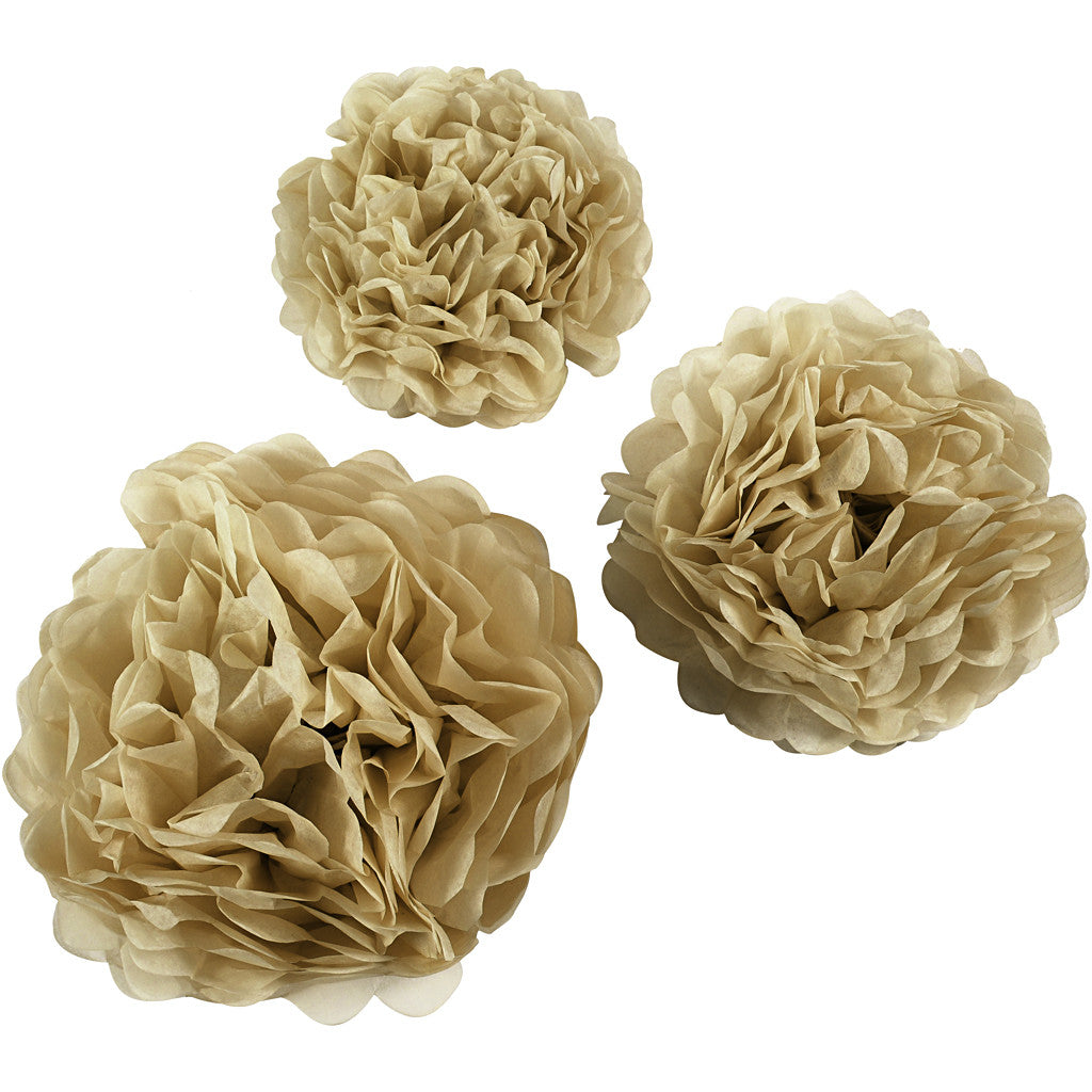 Pompons en papier, d 20+24+30 cm, 16 gr, or, 3 pièces/ 1 Pq. [HOB-590029]
