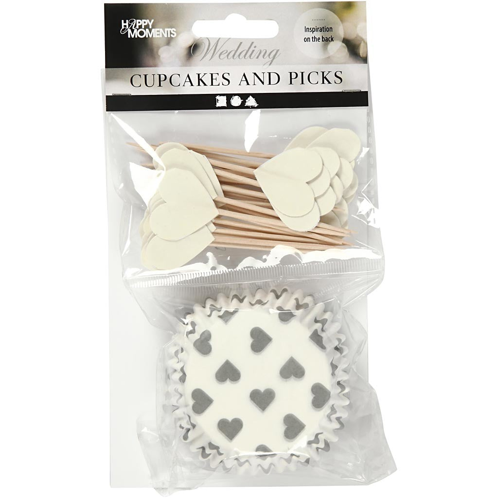 Papiers et piques pour cupcake, blanc cassé, H: 3 cm, d 5 cm, 40 gr, 24 set/ 1 Pq. [HOB-59150]