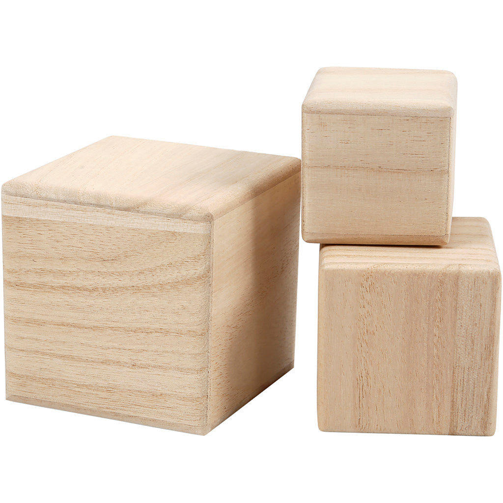 Cubes en bois, dim. 5+6+8 cm, 3 pièce/ 1 Pq. [HOB59228]