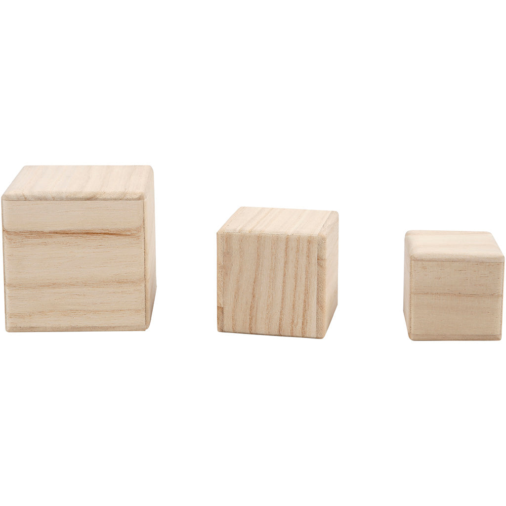 Cubes en bois, dim. 5+6+8 cm, 3 pièce/ 1 Pq. [HOB59228]
