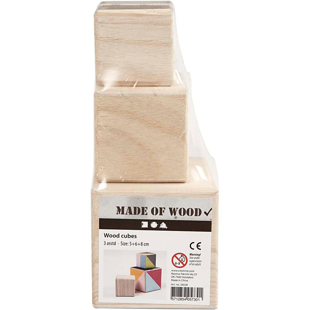 Cubes en bois, dim. 5+6+8 cm, 3 pièce/ 1 Pq. [HOB59228]