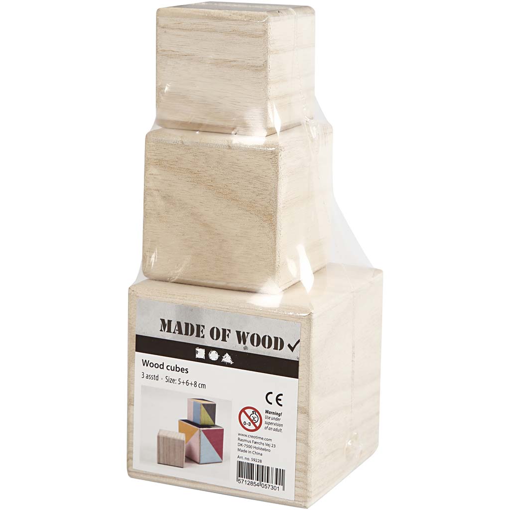 Cubes en bois, dim. 5+6+8 cm, 3 pièce/ 1 Pq. [HOB59228]