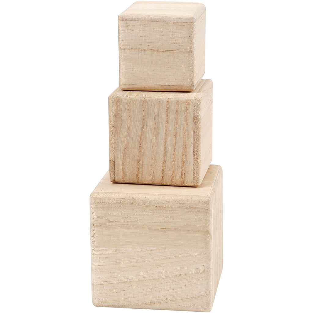 Cubes en bois, dim. 5+6+8 cm, 3 pièce/ 1 Pq. [HOB59228]