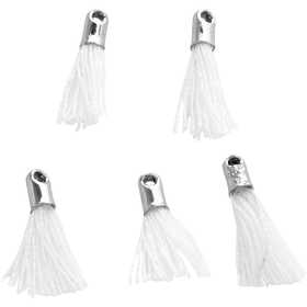 Pompon en coton, L : 10 mm, diamètre intérieur 1 mm, blanc, 5 pièces/ 1 Pq. [HOB-61184]