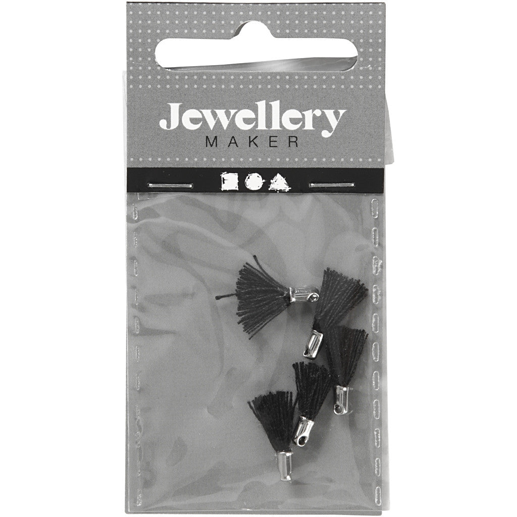 Pompon en coton, L : 10 mm, diamètre intérieur 1 mm, noir, 5 pièces/ 1 Pq. [HOB-61185]