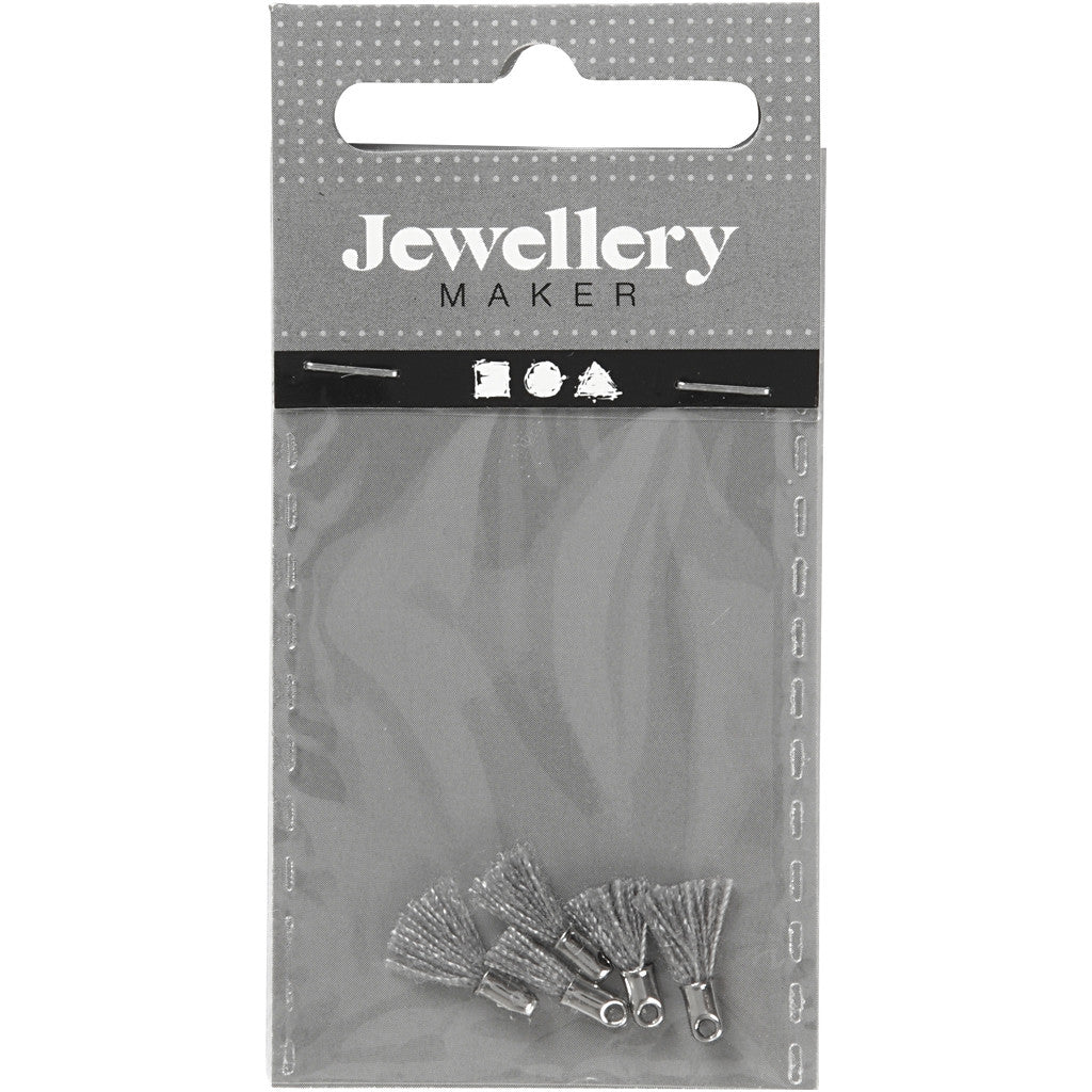 Pompon en coton, L : 10 mm, diamètre intérieur 1 mm, gris, 5 pièces/ 1 Pq. [HOB-61188]