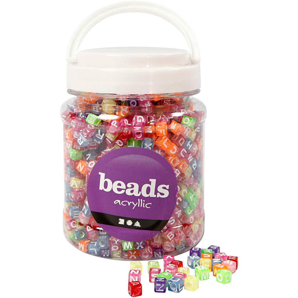 Letter Beads, size 7x7x7 mm, hole size 3 mm, ca. 1950 pc, assorted colours, 450 g, 700 ml/ 1 tub