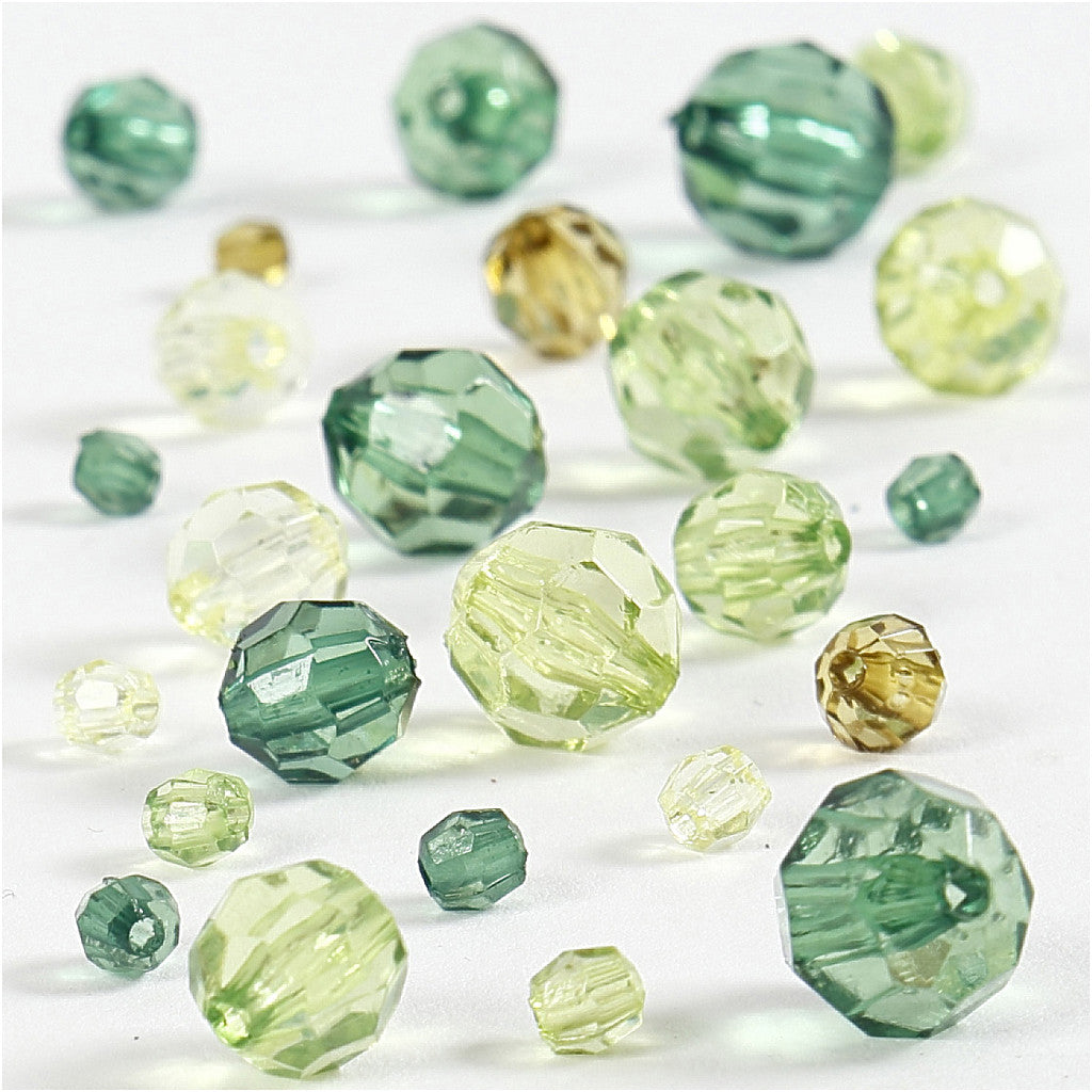 Perles à facettes, dim. 4-12 mm, diamètre intérieur 1-2,5 mm, ca. 170 pièce, glitter vert, 45 gr/ 1 Pq. [HOB-618811]