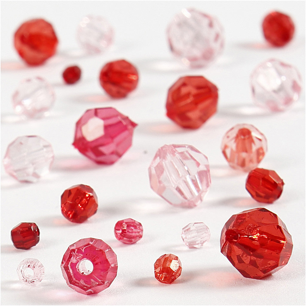 Perles à facettes, dim. 4-12 mm, diamètre intérieur 1-2,5 mm, ca. 170 pièce, harmonie de rouges, 45 gr/ 1 Pq. [HOB-618851]