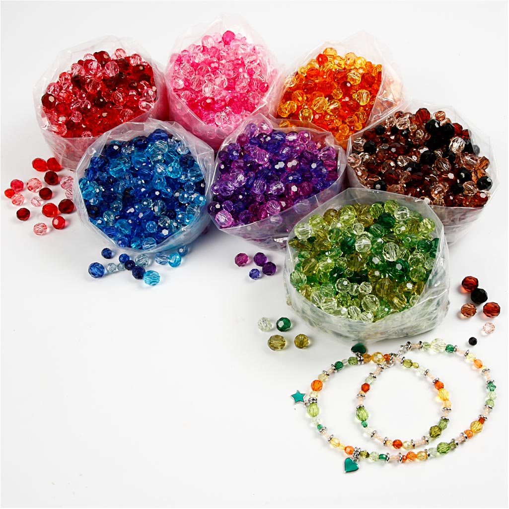 Perles à facettes, d 4-12 mm, diamètre intérieur 1-2,5 mm, ass. de couleurs, 7x250 gr/ 1 Pq. [HOB-61888]