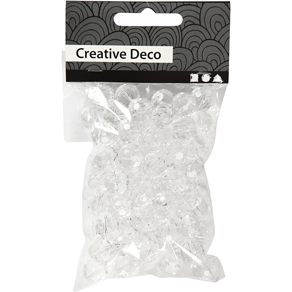 Perles acryliques, dim. 12 mm, diamètre intérieur 1,2 mm, brillant transparent, 77 pièces/ 1 Pq. [HOB-636890]