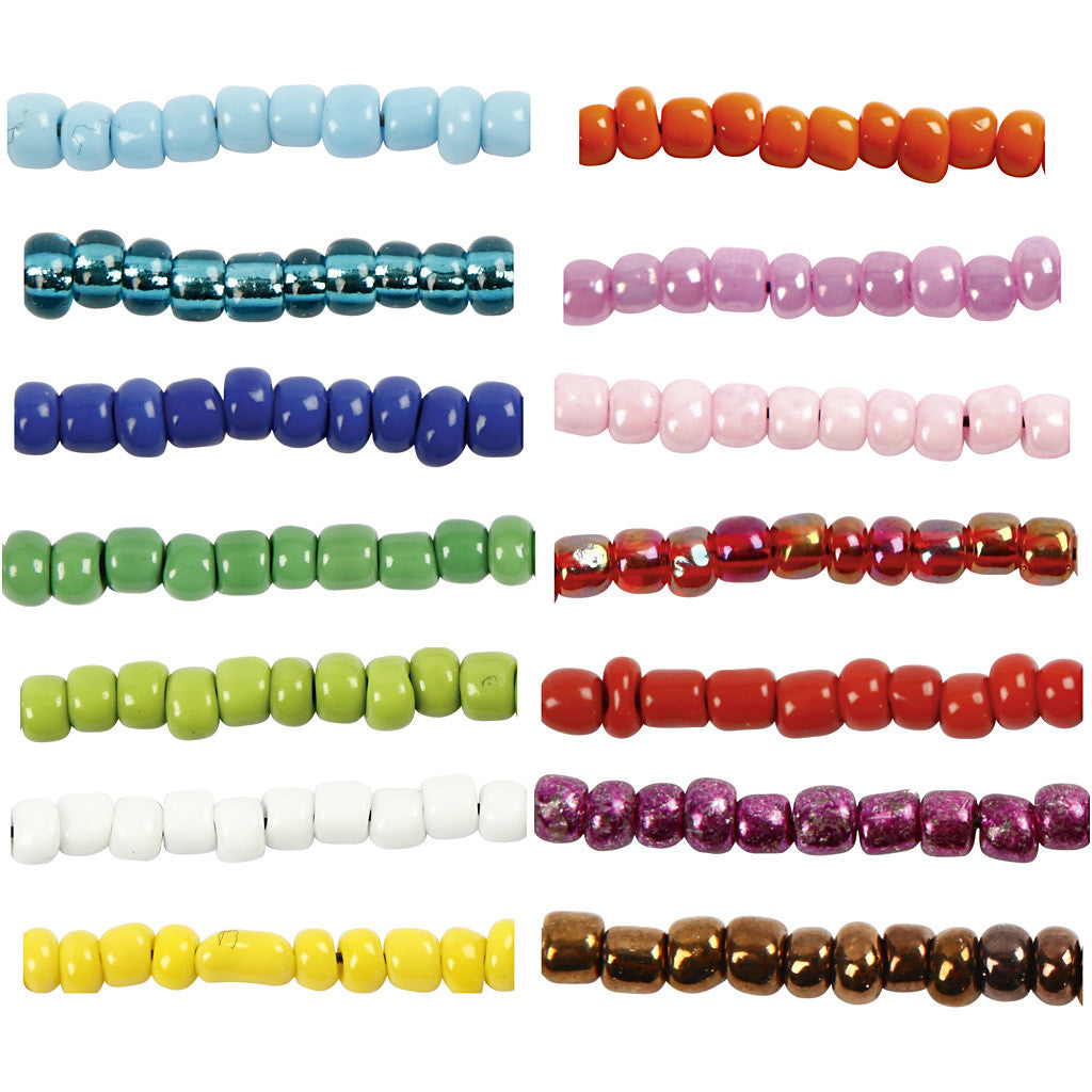 Perles de Rocaille, d 3 mm, dim. 8/0, diamètre intérieur 0,6-1,0 mm, ass. de couleurs, 14x25 gr/ 1 Pq. [HOB-68223]